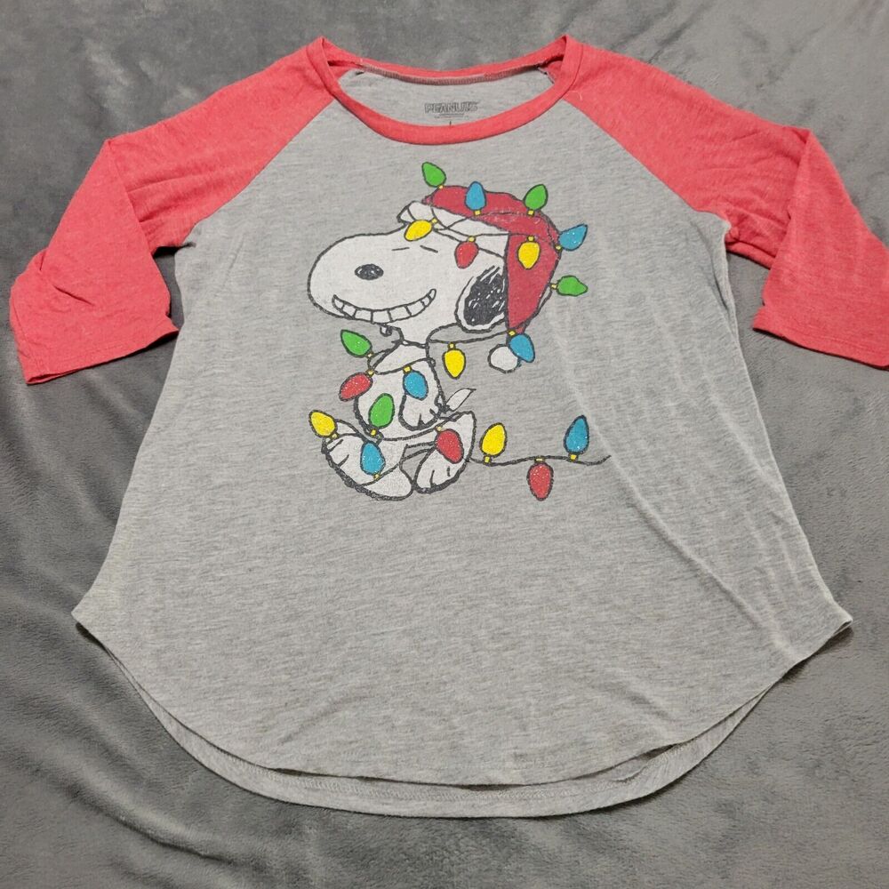 Peanuts Womens L Casual Christmas Shirt Grey Long Sleeve Scoop Neck Cotton Blend